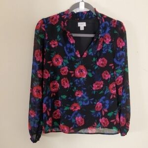 J. Crew Black and Red Floral Blouse Size XS